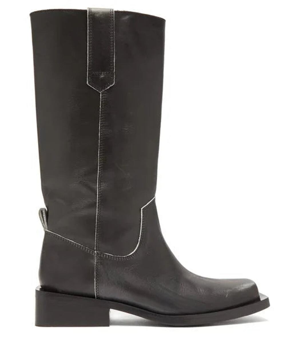 Ganni Distressed Leather Mid-Calf Western Riding Boots Black Women's Size EU 40